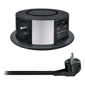 Колонка с контакти за плот с безжично зареждане Qi 3x230V + 1xUSB-A + 1xUSB-C черно/сребристо
