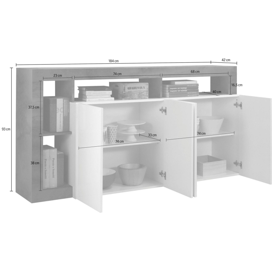 Комод LENOR 184x93x42 см бял/сив бетон