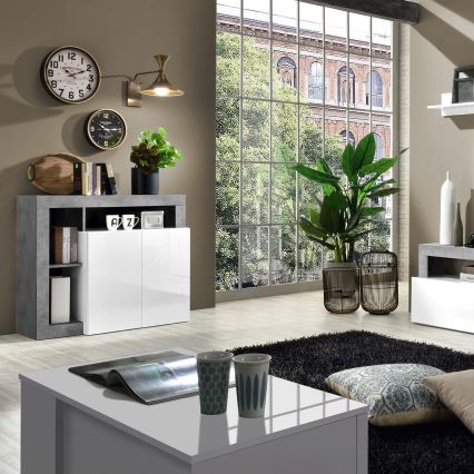 Комод LENOR, бял/сив с бетонен ефект