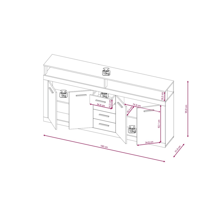 Комод RUNA 190x96x32 см тъмно кафяв/антрацит