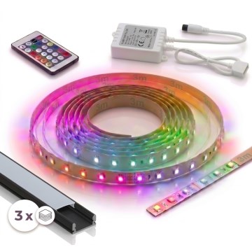 КОМПЛЕКТ 1x димируема LED лента RGBW DIGITAL LED/9,6W/230V, 3 m + 3x вграден профил 1 m черен/бял + дистанционно управление