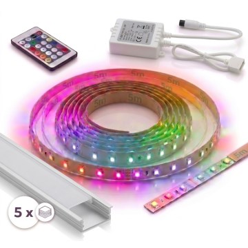 Комплект 1x димируема LED RGBW лента DIGITAL LED/16,5W/230V 5 m + 5x профил за вграждане 1 m сребрист/бял + дистанционно управление