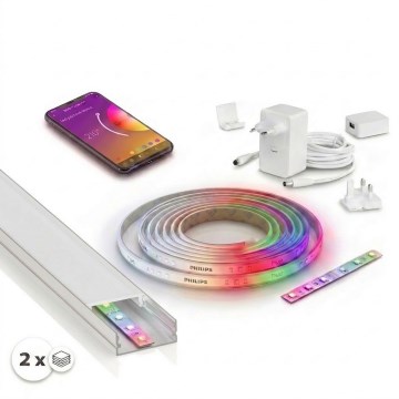 КОМПЛЕКТ 1x димируема LED RGBW лента Philips Hue WHITE AND COLOR AMBIANCE LED/20W/230V 2 m + 2x вграден профил 1 m сребрист/бял