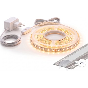 КОМПЛЕКТ 1x LED лента MYLIVING LIGHTSTRIP LED/22W/230V 5 м + 5x вграден алуминиев профил 1 м сребрист/бял