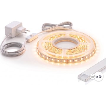 КОМПЛЕКТ 1x LED лента MYLIVING LIGHTSTRIP LED/22W/230V 5 m + 5x вграден профил 1 m сребрист/бял