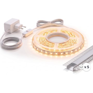 КОМПЛЕКТ 1x LED лента MYLIVING LIGHTSTRIP LED/22W/230V 5 m + 5x вграден профил 1 m сребрист/бял