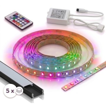 КОМПЛЕКТ 1x LED RGBW димируема лента DIGITAL LED/16,5W/230V 5 m + 5x вграден профил 1 m черен/бял + дистанционно управление