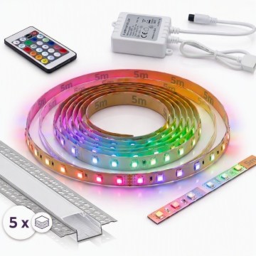 КОМПЛЕКТ 1x LED RGBW димируема лента DIGITAL LED/16,5W/230V 5 m + 5x вграден профил 1 m сребрист/бял + дистанционно управление