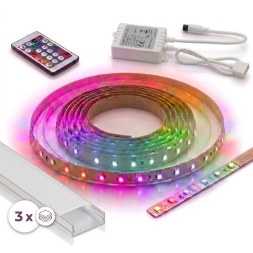 КОМПЛЕКТ 1x LED RGBW димируема лента DIGITAL LED/9,6W/230V 3 m + 3x вграден профил 1 m сребрист/бял + дистанционно управление