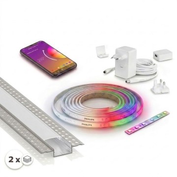 КОМПЛЕКТ 1x LED RGBW димируема лента Philips Hue WHITE AND COLOR AMBIANCE LED/20W/230V 2 m + 2x вграден профил 1 m сребърен/бял
