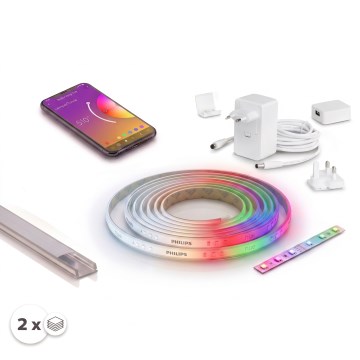КОМПЛЕКТ 1x RGBW димируема LED лента Philips Hue WHITE AND COLOR AMBIANCE LED/20W/230V 2 m + 2x вграден профил 1 m сребрист/бял