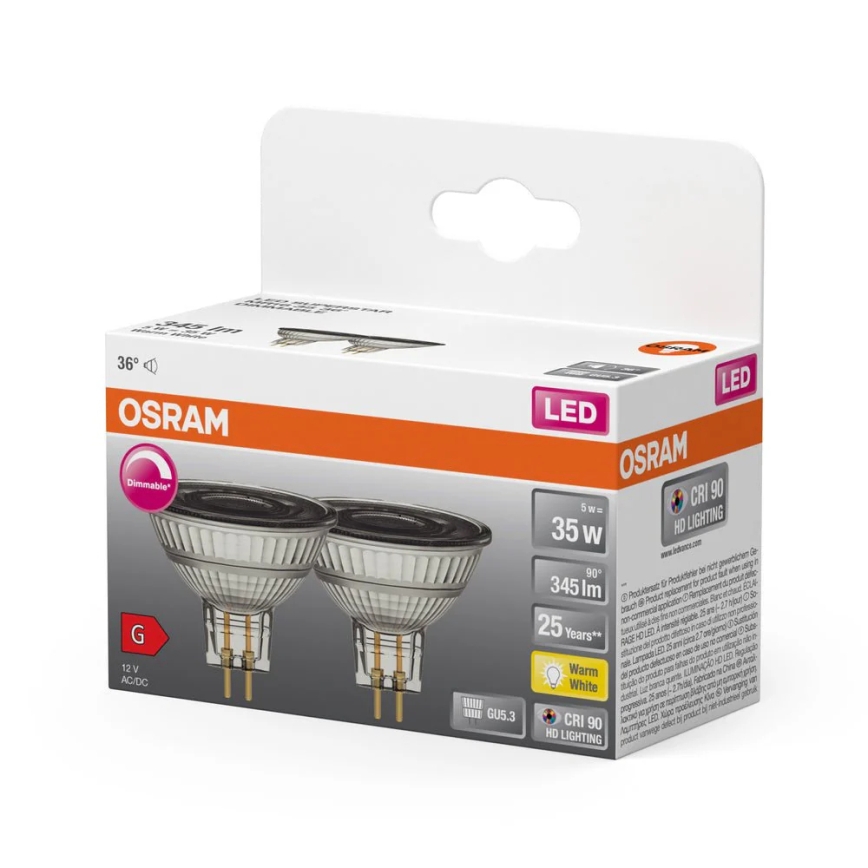 Комплект 2x LED димируеми рефлекторни крушки MR16 GU5,3/5W/12V 2700K 36° CRI 90 - Osram
