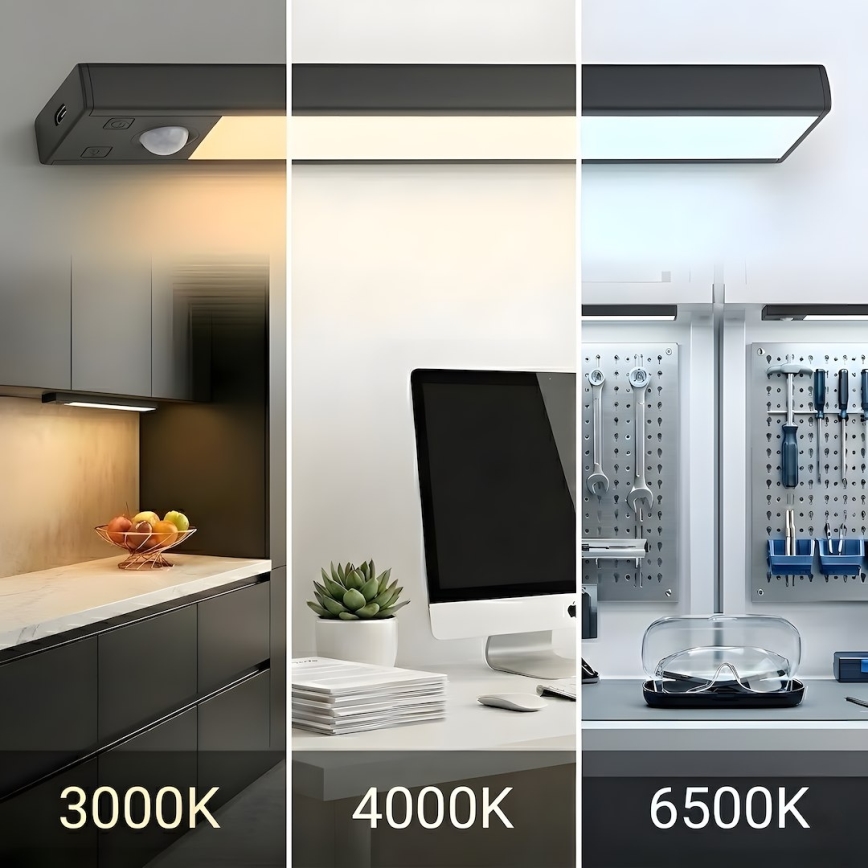 КОМПЛЕКТ 2 бр. LED акумулаторно осветление за мебели със сензор за движение и сумрак VIRO LED/1W/3,7V 800 mAh 3000/4000/6500K 20 cm черно