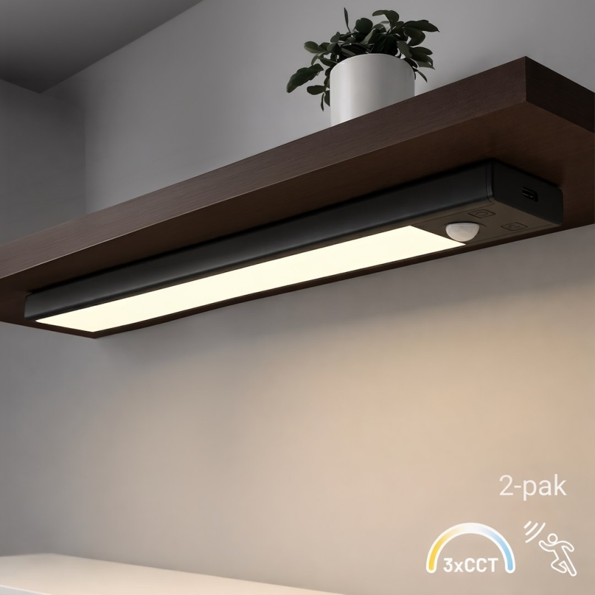 Комплект от 2 презареждаеми LED осветителни тела за мебели със сензор за движение и сумрак VIRO LED 1,2W/3,7V 800 mAh 3000/4000/6500K 30 cm, черен