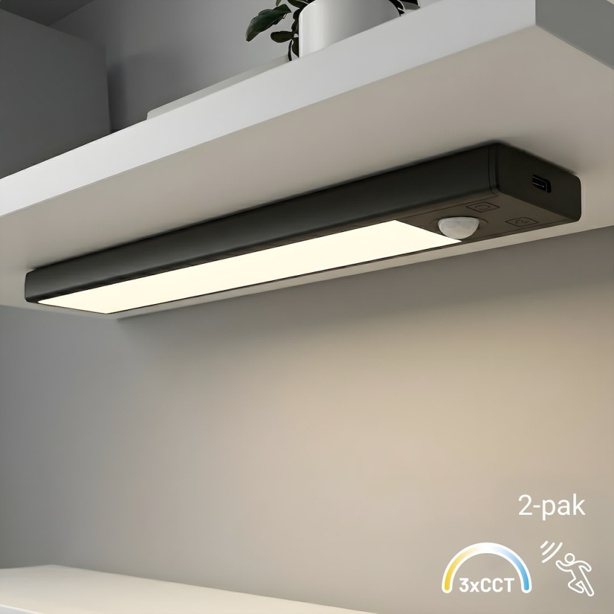 КОМПЛЕКТ 2x зареждаеми LED осветления за мебели със сензор за движение и сумрак VIRO LED/1W/3,7V 800 mAh 3000/4000/6500K 20 см, черно