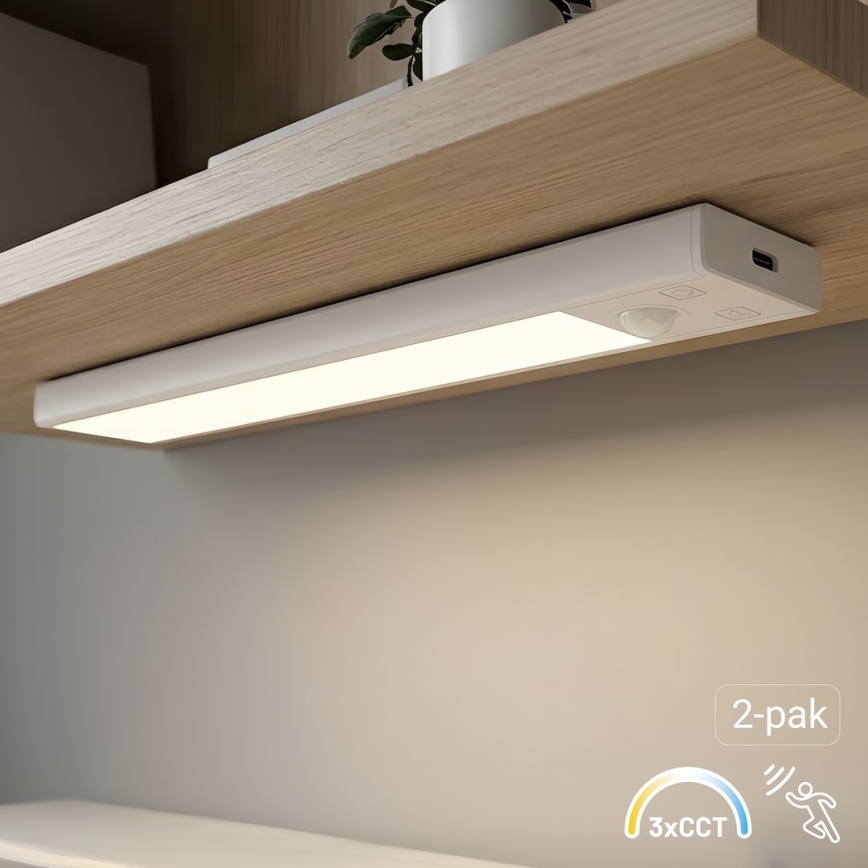 Комплект от 2 акумулаторни LED осветители за мебели със сензор за движение и за сумрак VIRO LED/1W/3,7V 800 mAh 3000/4000/6500K 20 cm бяло