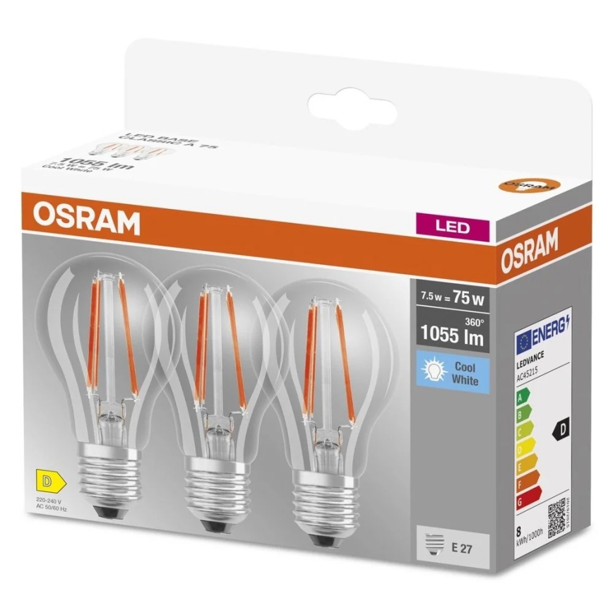 Комплект 3 бр. LED крушки BASE CLASSIC FILAMENT A60 E27/7,5W/230V 4000K - Osram