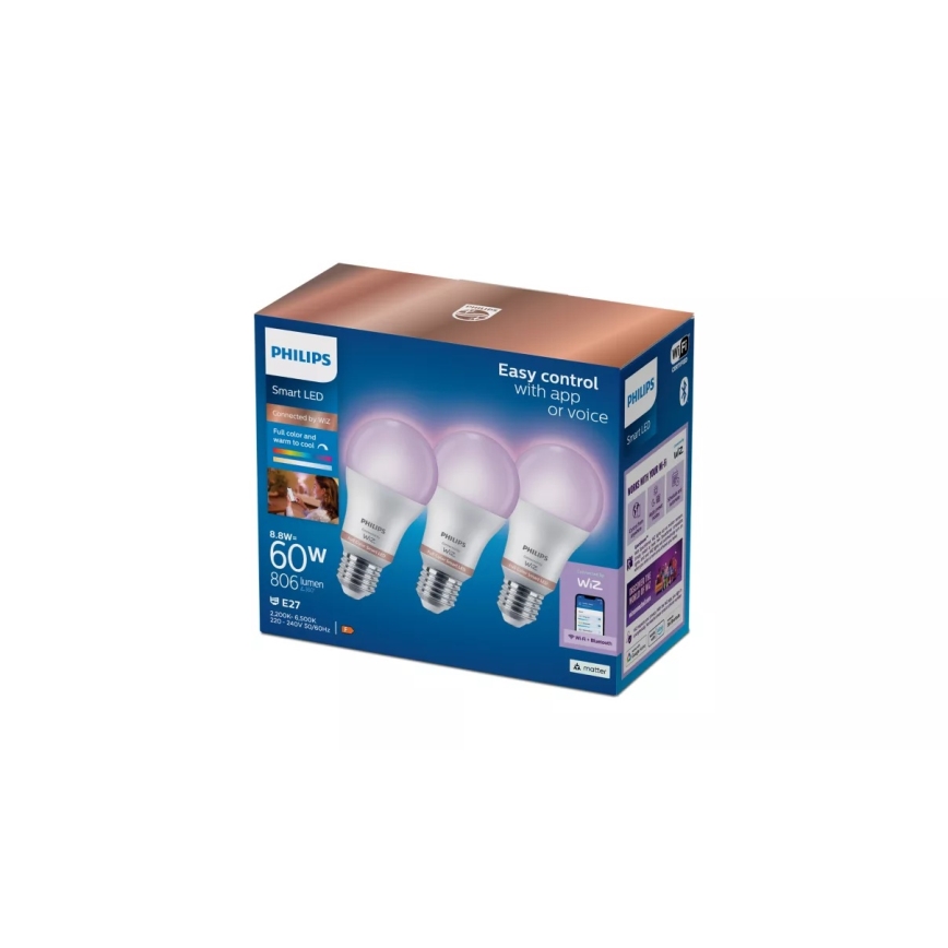 Комплект 3x LED RGB димируема крушка Philips SMART A60 E27/8,8W/230V 2200-6500K