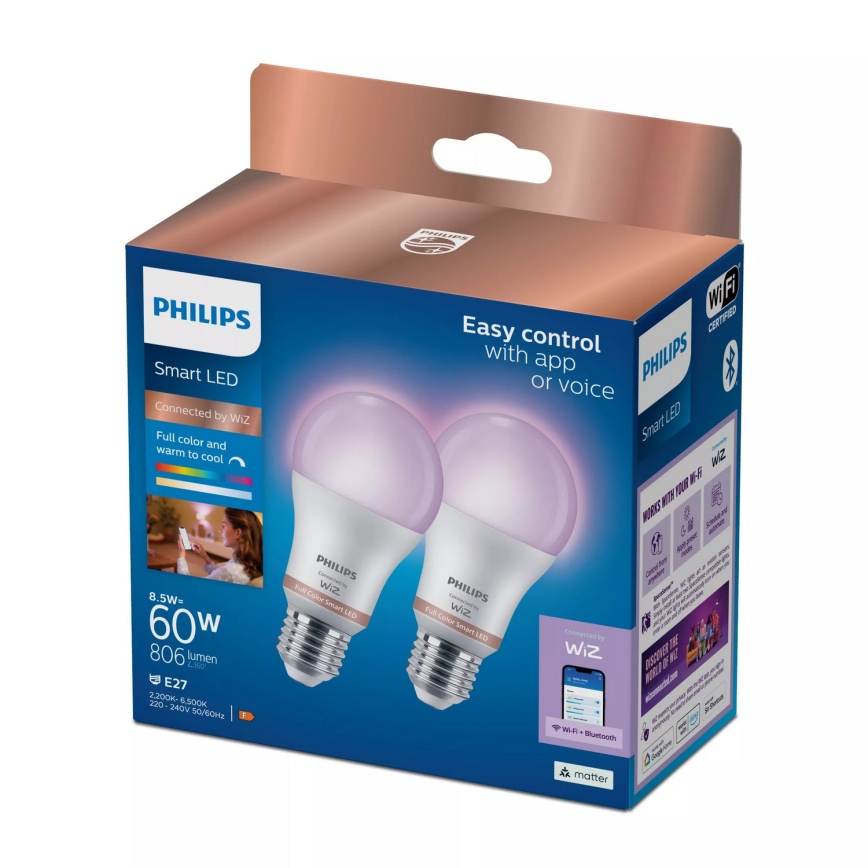 Комплект 2x димируема RGB LED крушка Philips SMART A60 E27/8,5W/230V 2200-6500K