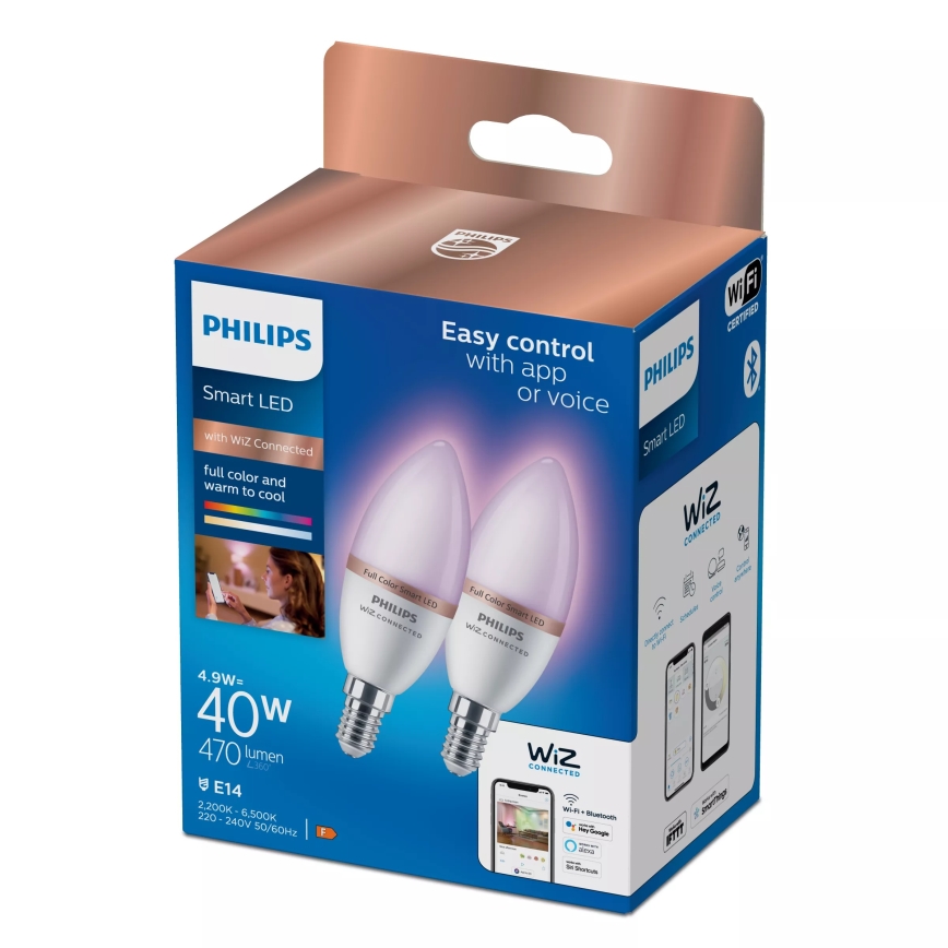 Комплект 2x LED RGB димируема крушка Philips SMART C37 E14/4,9W/230V 2200-6500K CRI 90