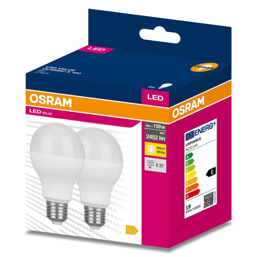 Комплект от 2 LED крушки VALUE CLASSIC E27/19W/230V 2700K - Osram