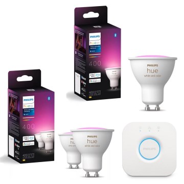 Комплект от 3 димируеми LED RGBW крушки Philips Hue WHITE AND COLOR AMBIANCE GU10/4,2W/230V 2000-6500K + Hue Bridge