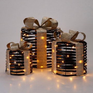 КОМПЛЕКТ ОТ 3 LED коледни декорации 20xLED/2xAA + 30xLED/3xAA + 40xLED/3xAA в топла бяла светлина подаръци/черно