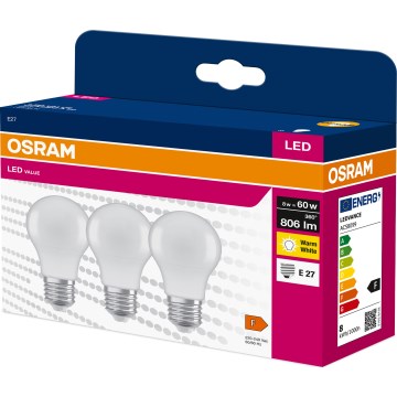 Комплект от 3 LED крушки A60 E27, 8W, 230V, 3000K - Osram