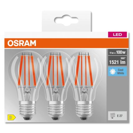 Комплект от 3 LED крушки BASE CLASSIC FILAMENT A60 E27/11W/230V 4000K - Osram