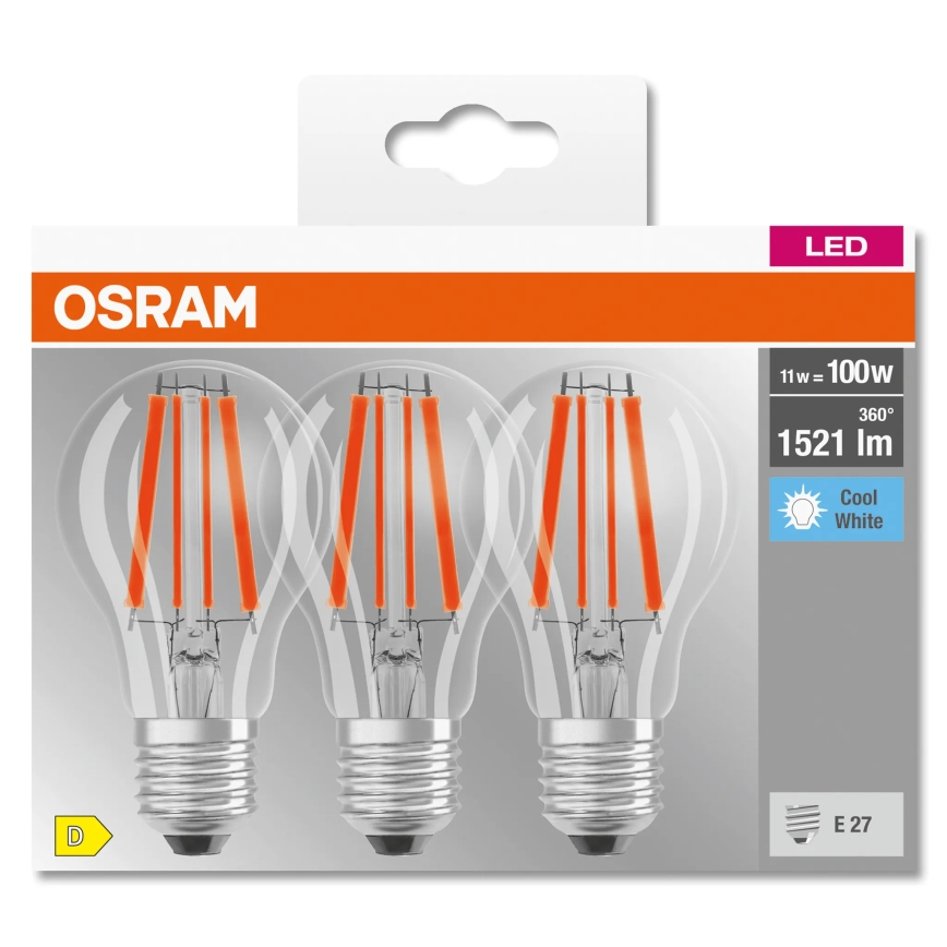 Комплект от 3 LED крушки BASE CLASSIC FILAMENT A60 E27/11W/230V 4000K - Osram