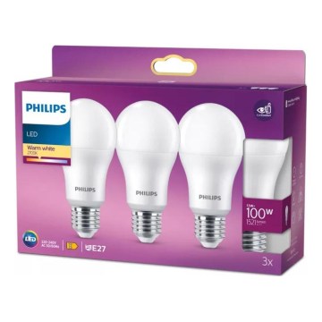 Комплект от 3 LED крушки Philips A60 E27/13W/230V 2700K