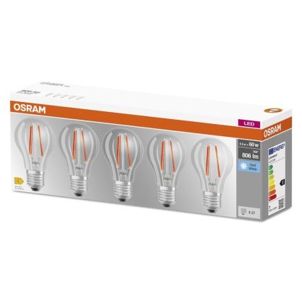 Комплект от 5 бр. LED крушки Base Classic Filament A60 E27/7W/230V 4000K - Osram