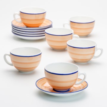 Комплект за чай 6x керамична чаша с чинийка оранжево и синьо