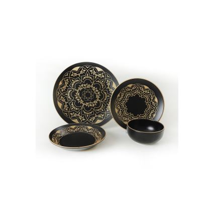 Комплект за хранене, 24 части, черно/златисто/керамика