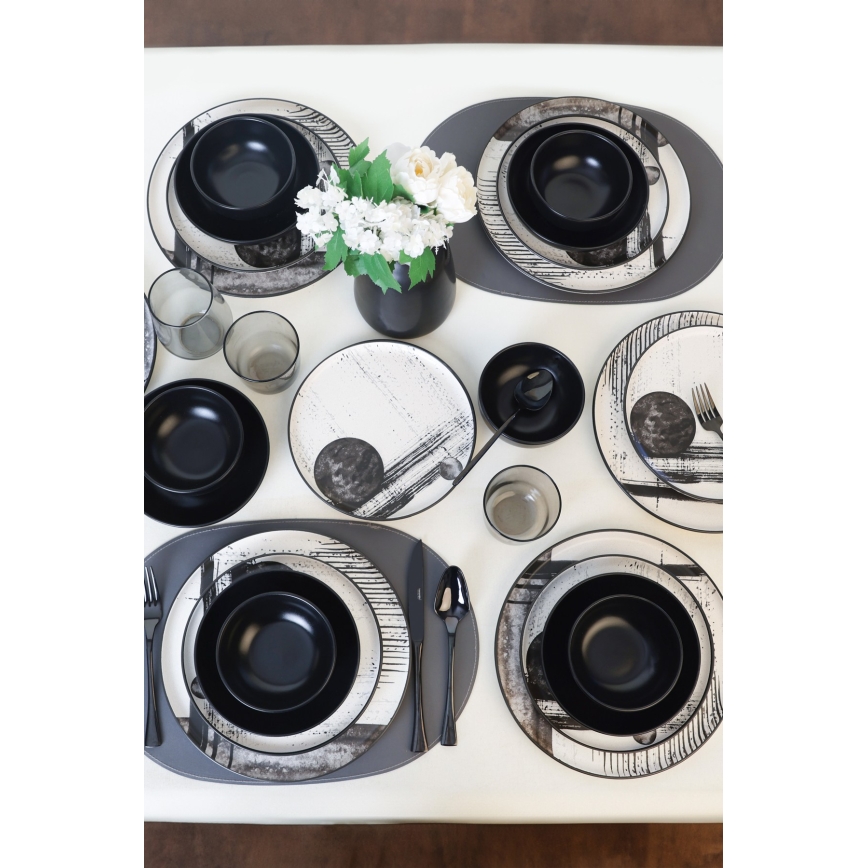 Комплект за хранене 24 части бял/черен/каменна керамика
