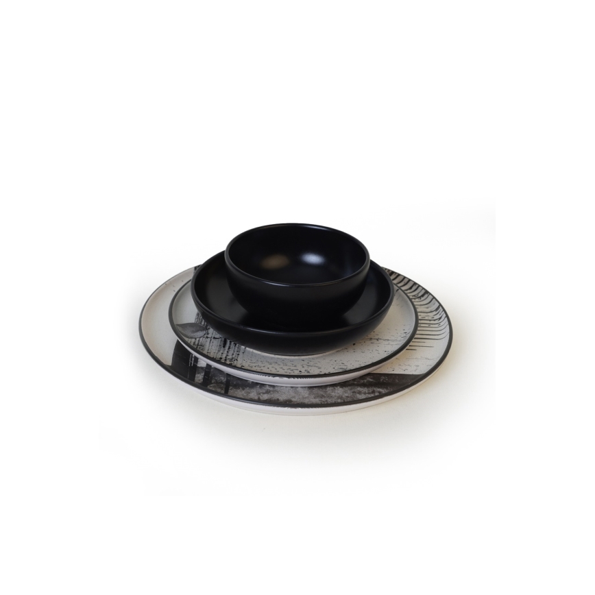 Комплект за хранене 24 части бял/черен/каменна керамика