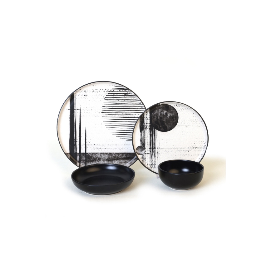 Комплект за хранене 24 части бял/черен/каменна керамика