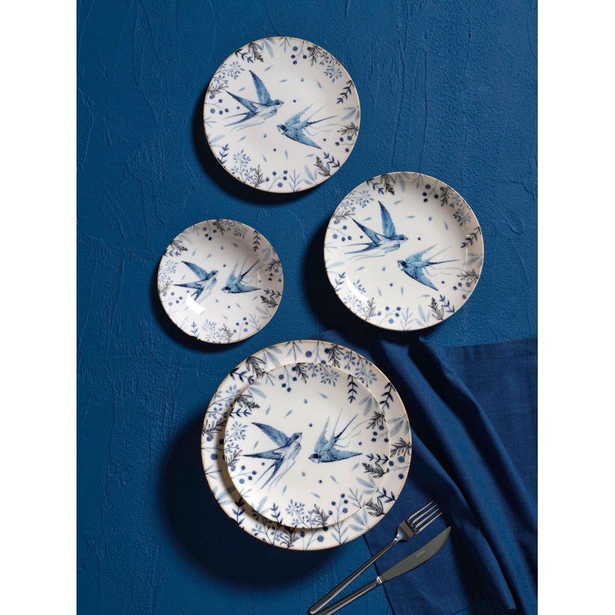 Комплект за хранене, 24 части, бял/син, порцелан