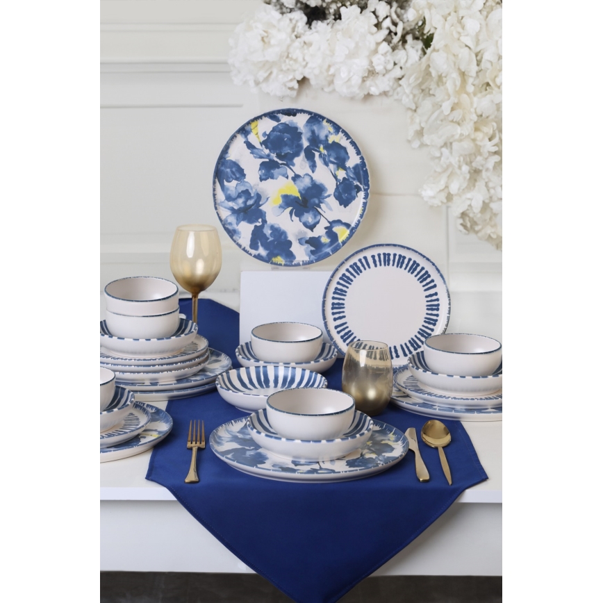 Комплект за хранене 24 части, бял/син, каменна керамика