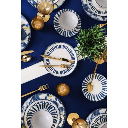 Комплект за хранене 24 части, бял/син, каменна керамика