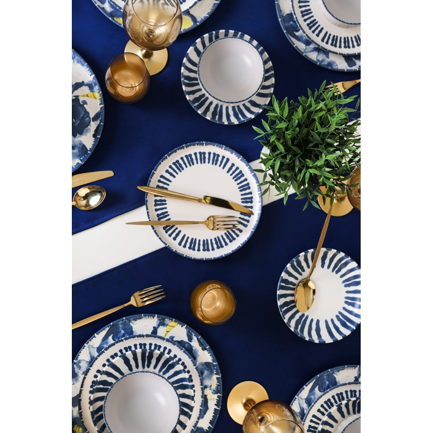 Комплект за хранене 24 части, бял/син, каменна керамика