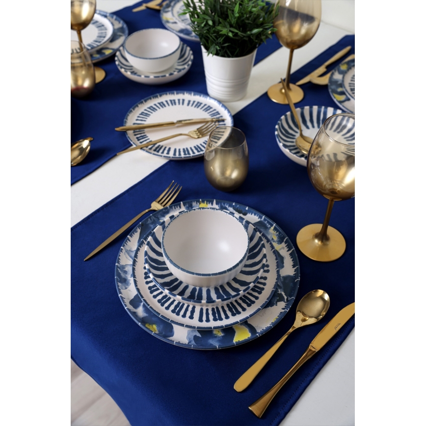 Комплект за хранене 24 части, бял/син, каменна керамика