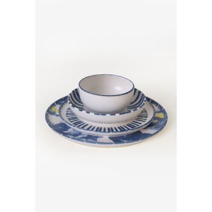 Комплект за хранене 24 части, бял/син, каменна керамика