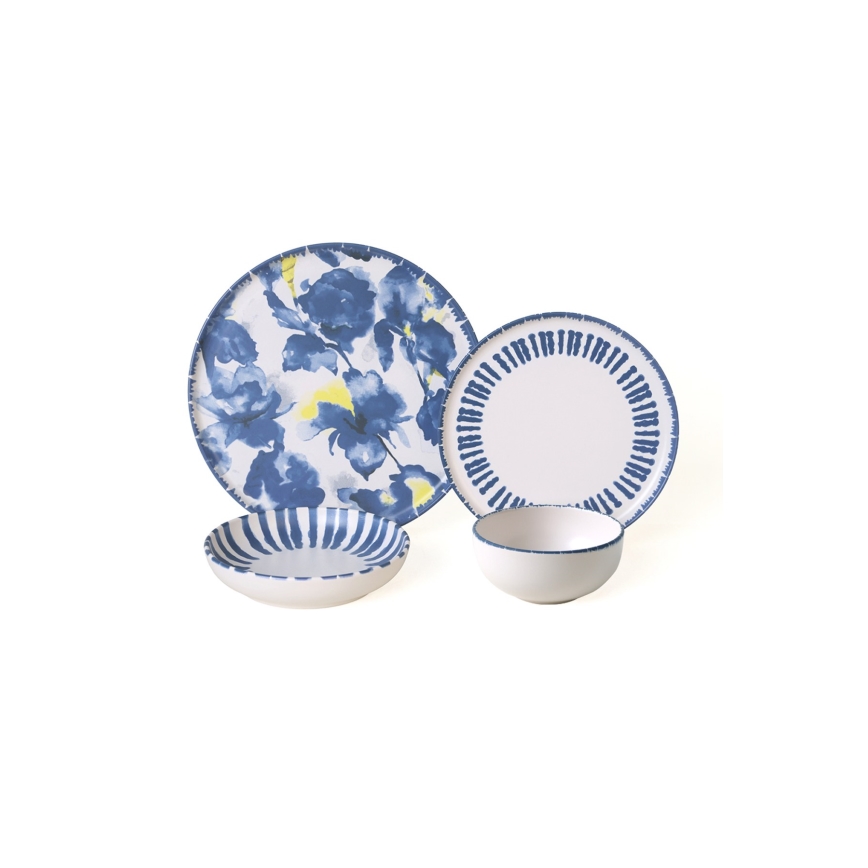 Комплект за хранене 24 части, бял/син, каменна керамика
