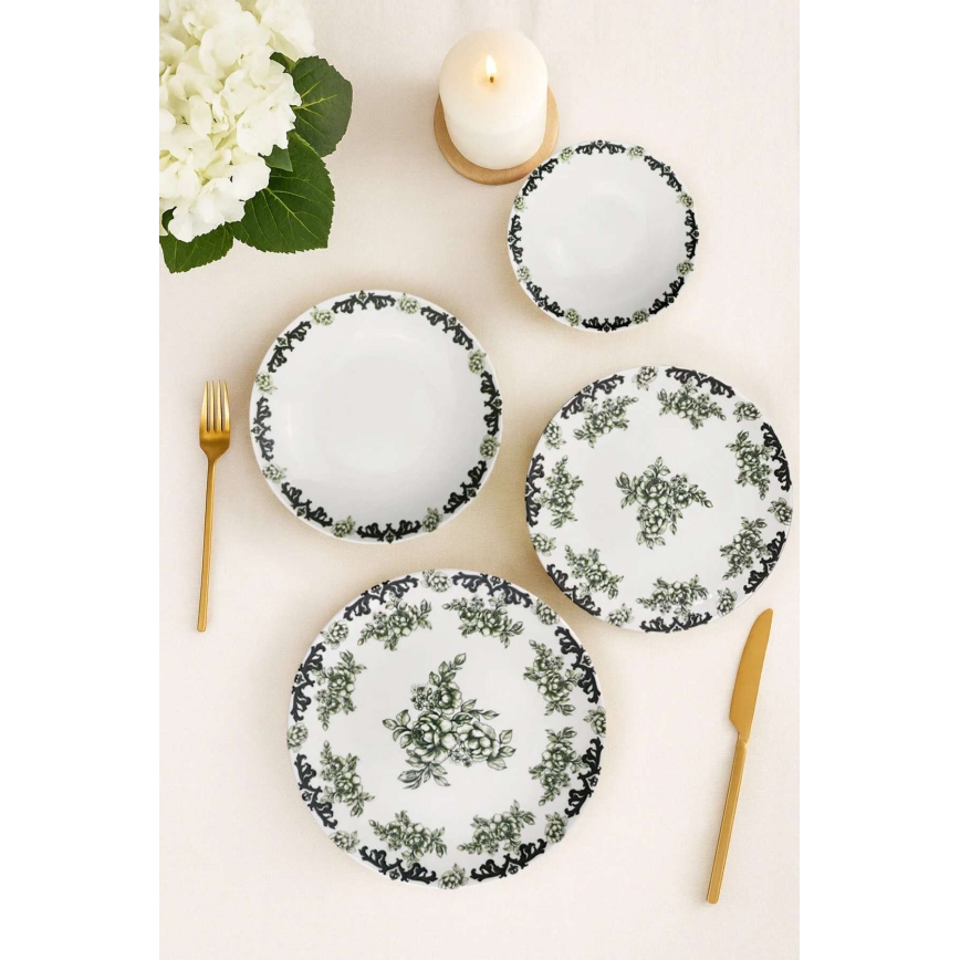 Комплект за хранене, 24 части, бял/зелен, порцелан