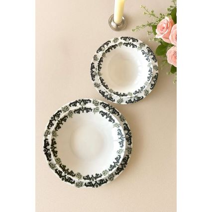 Комплект за хранене, 24 части, бял/зелен, порцелан