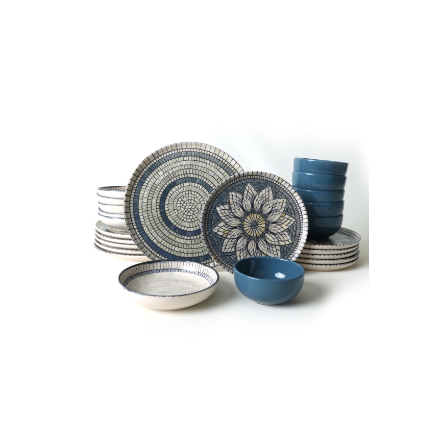Комплект за хранене 24 части син/кремав/каменна керамика