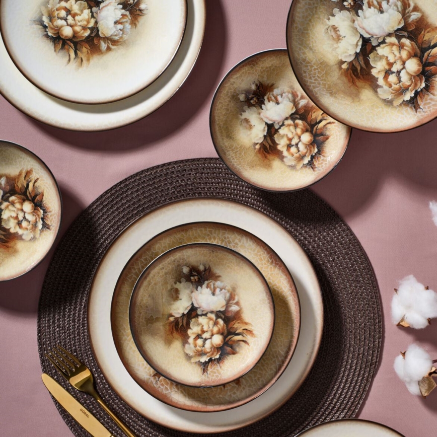 Комплект за хранене 26 части бежов/кафяв/бял/порцелан