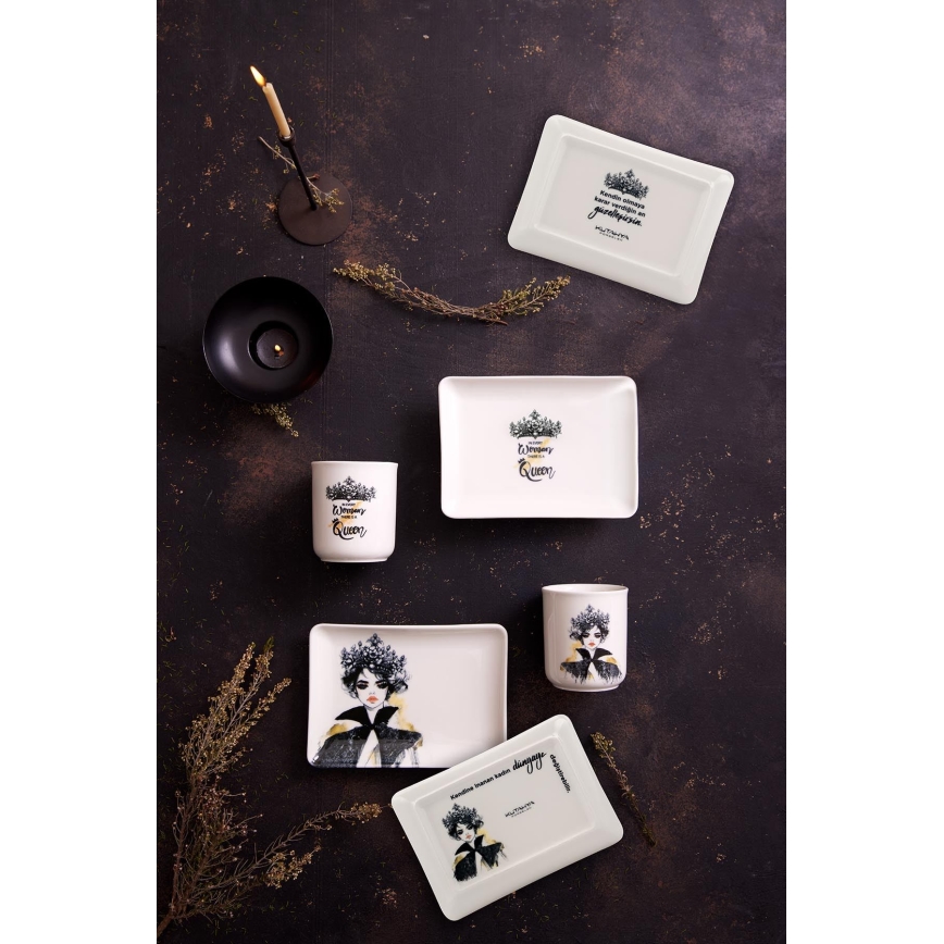 Комплект за хранене, 4 бр., черно/бяло, порцелан