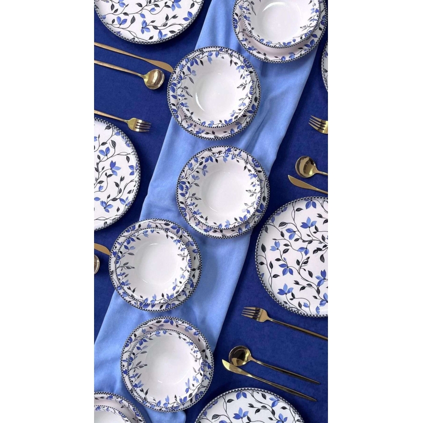 Комплект за хранене от 18 части, синьо/бяло, керамичен